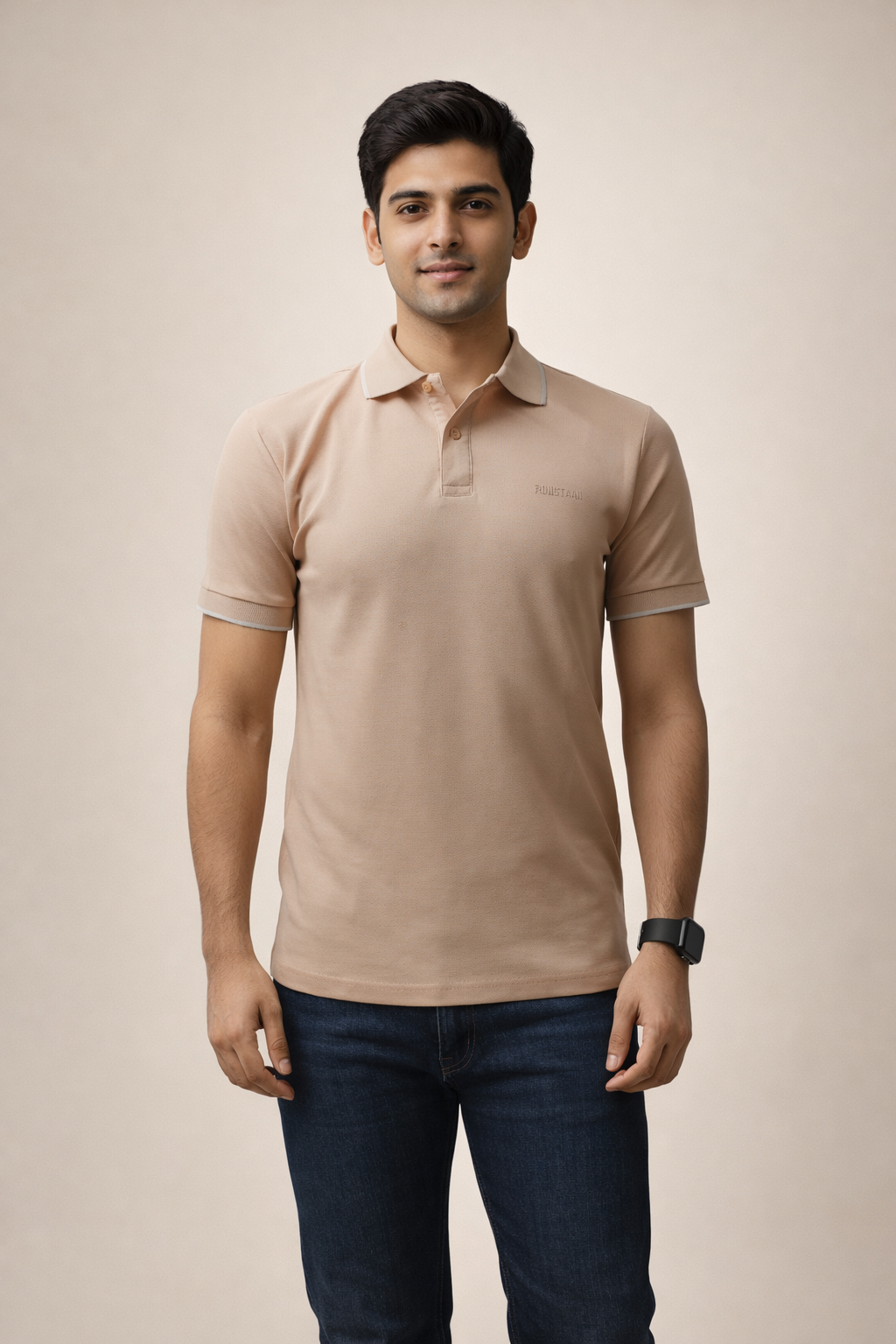Sandstone Double pique Screen print 100% Cotton Men’s Knit Polo-shirt