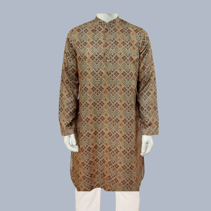 Multicolored Pattern Design Cotton-Poly Slim Fit Panjabi for Men