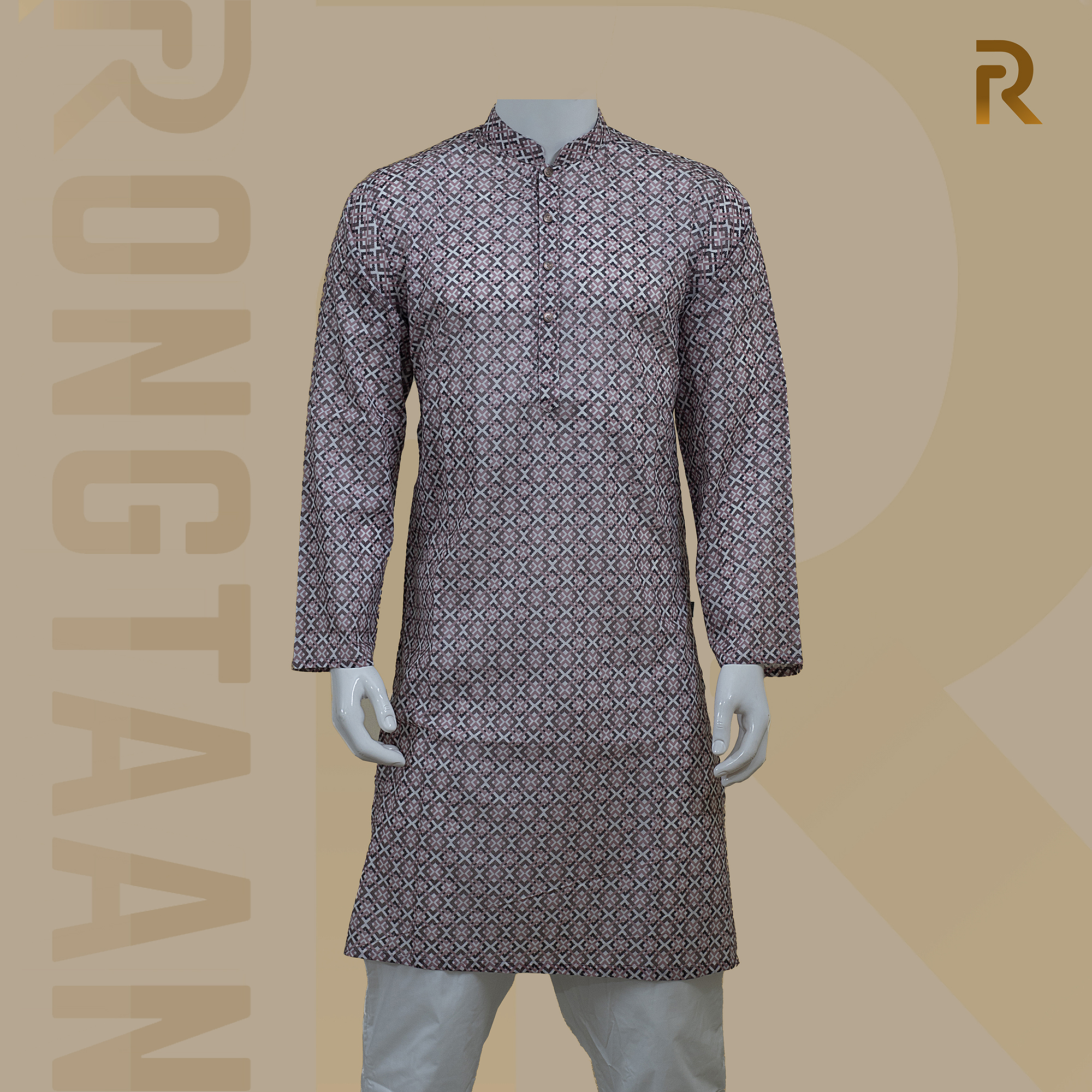 Cloudy Rose Geometric Digital Print Cotton Panjabi for Men