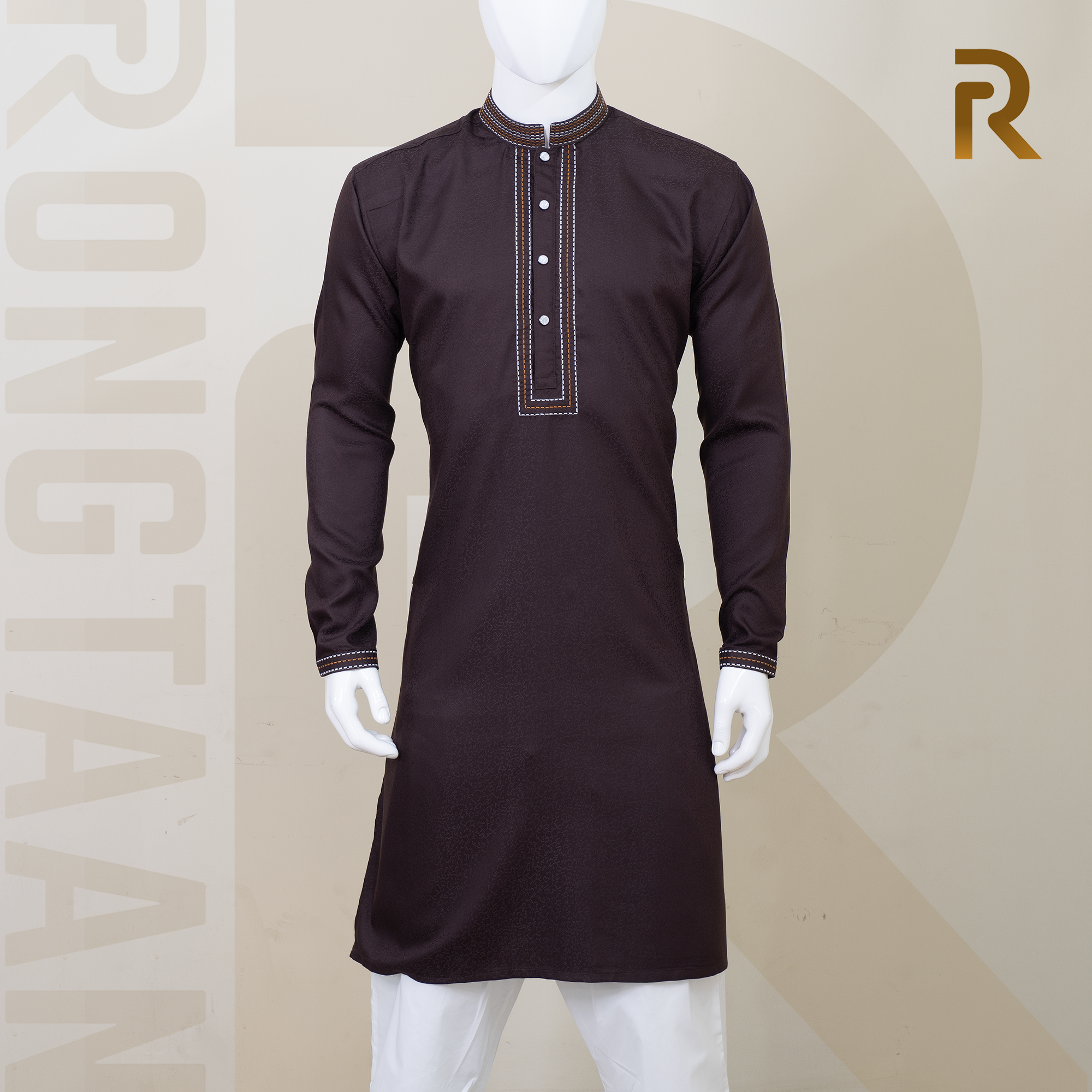 Premium Chocolate Jacquard Embroidery Cotton Panjabi