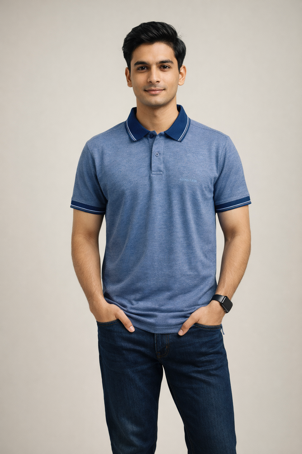Heather Blue with accents of Navy Blue Two Tone Lacoste Screen print (55% Cotton 45% Polyester) Knit Polo Shirt for Men