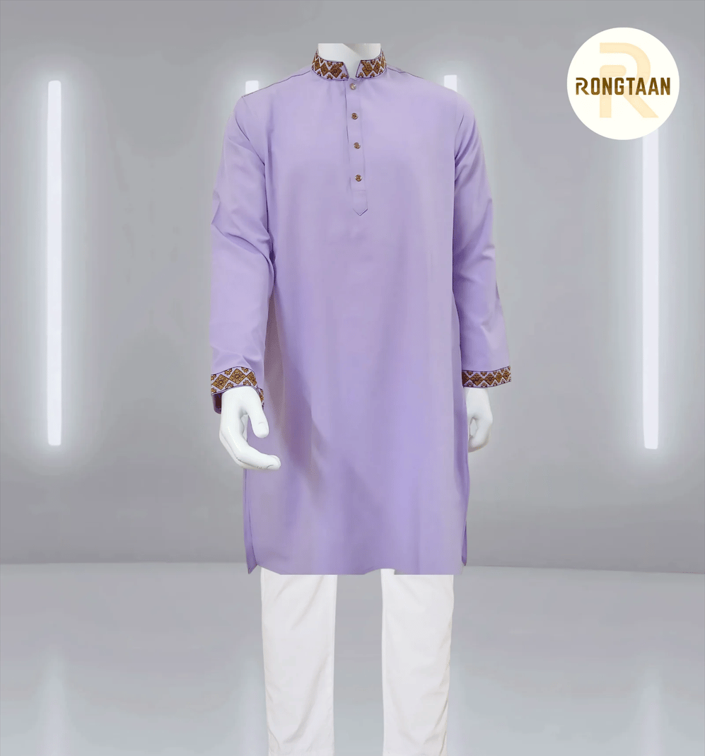Levender Glossy and Embroidered Cotton-Viscose Slim Fit Panjabi for Men