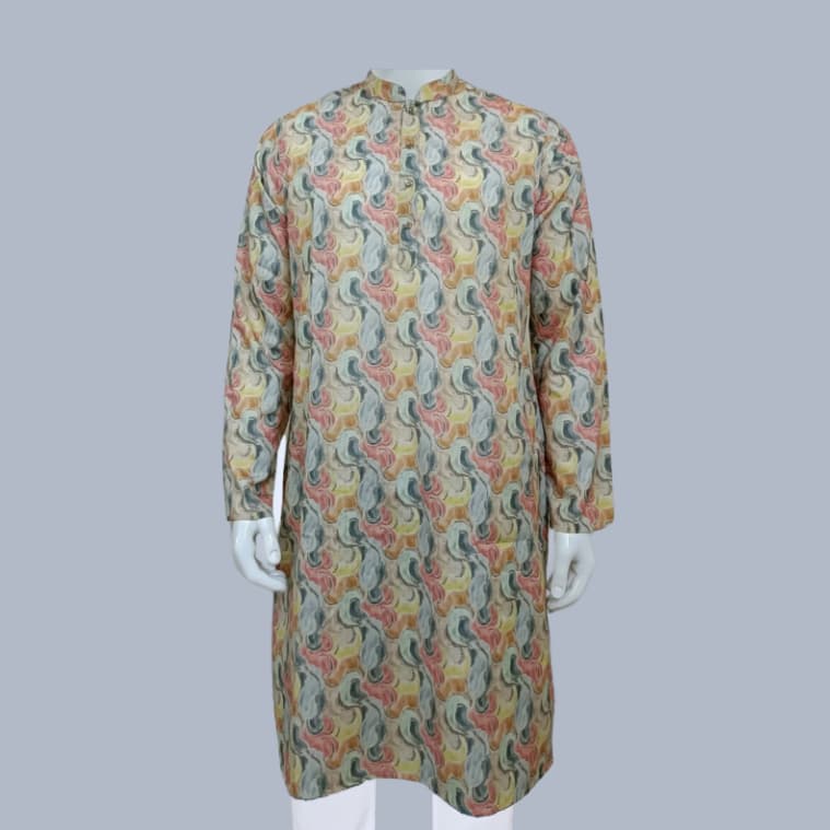 Multicolored Digital Print Design Cotton Slim Fit Panjabi for Men 