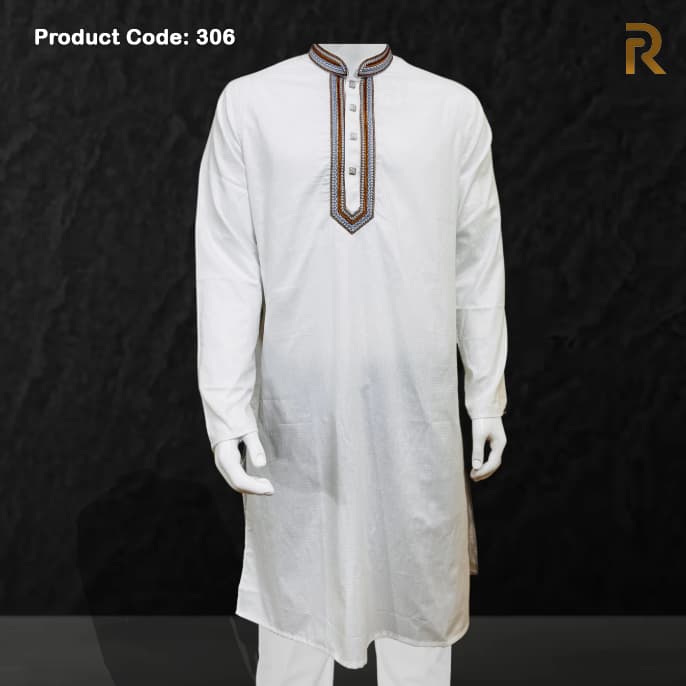 White Glossy Embroidered Cotton Panjabi for Men