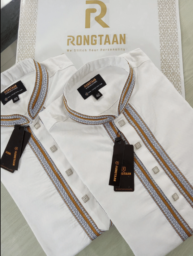 White Glossy Embroidered Cotton Panjabi for Men