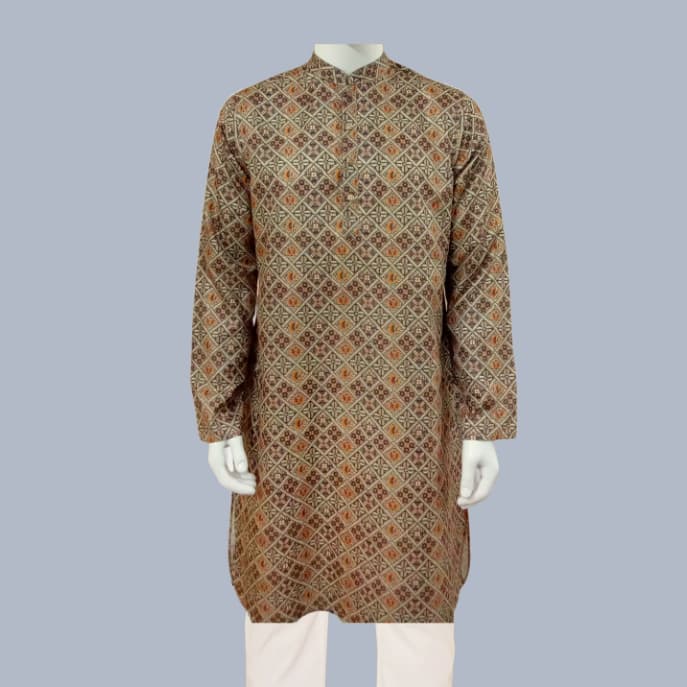 Multicolored Pattern Design Cotton-Poly Slim Fit Panjabi for Men