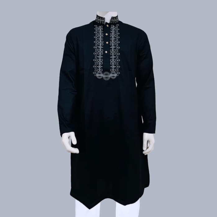 Black Glossy Embroidered Cotton Slim Fit Panjabi for Men