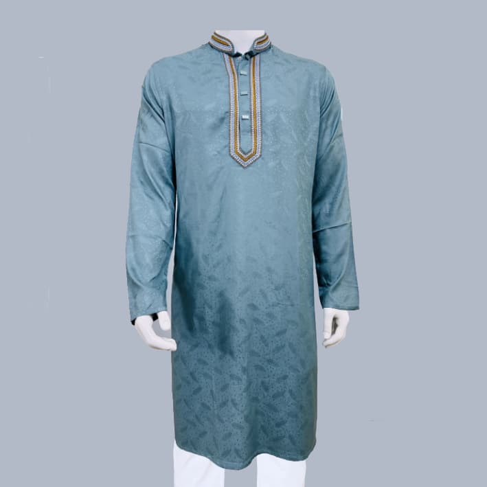 Light Turquoise Jacquard and Embroidered Slim Fit Panjabi for Men