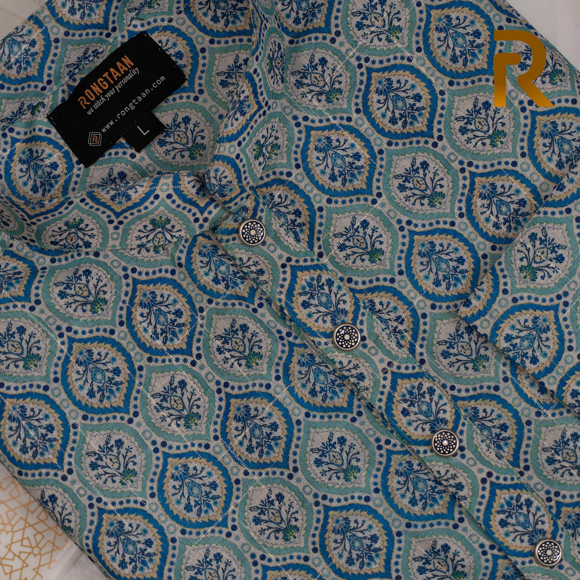 Cyan Digital Print Premium Cotton Panjabi with Designer Snap Buttons