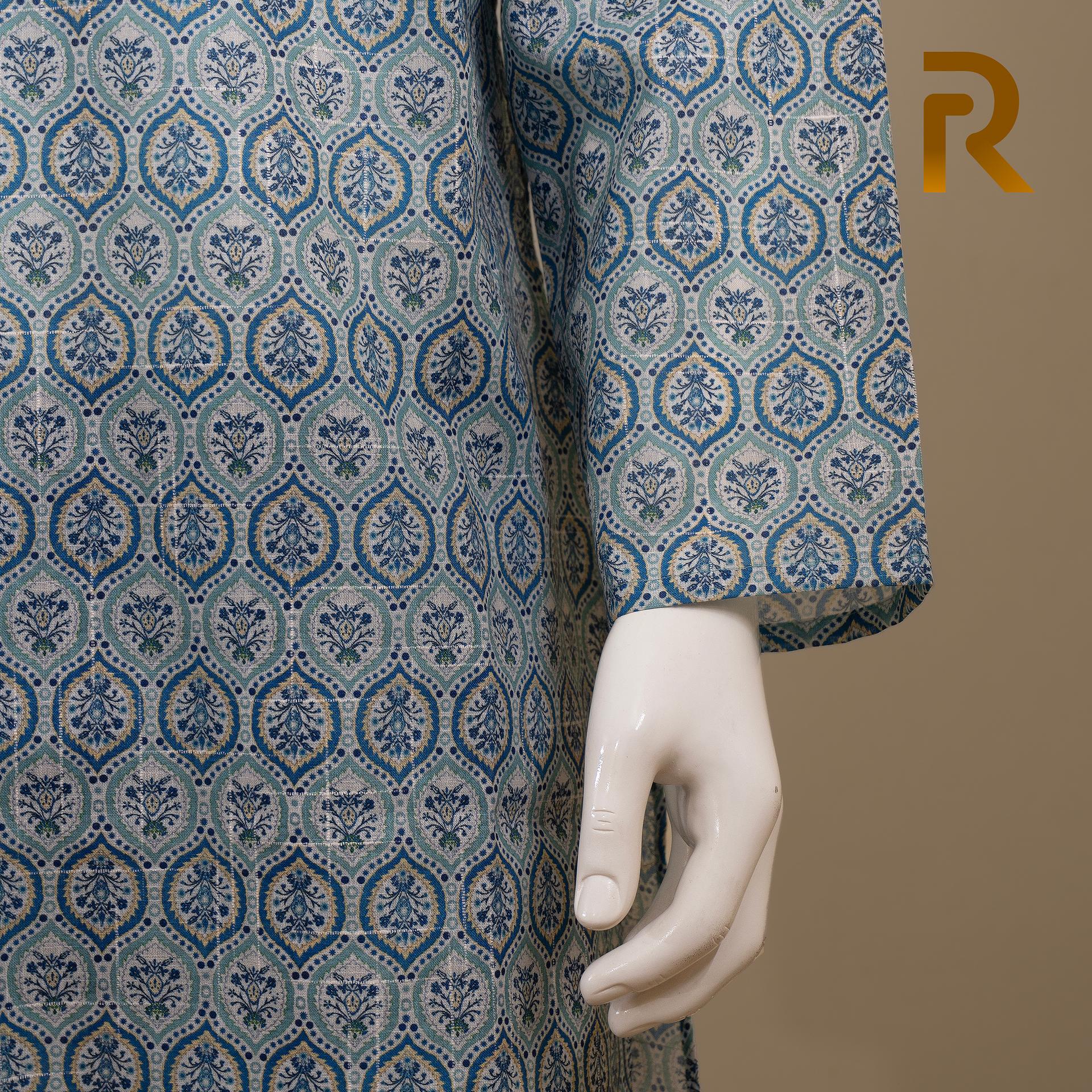 Cyan Digital Print Premium Cotton Panjabi with Designer Snap Buttons