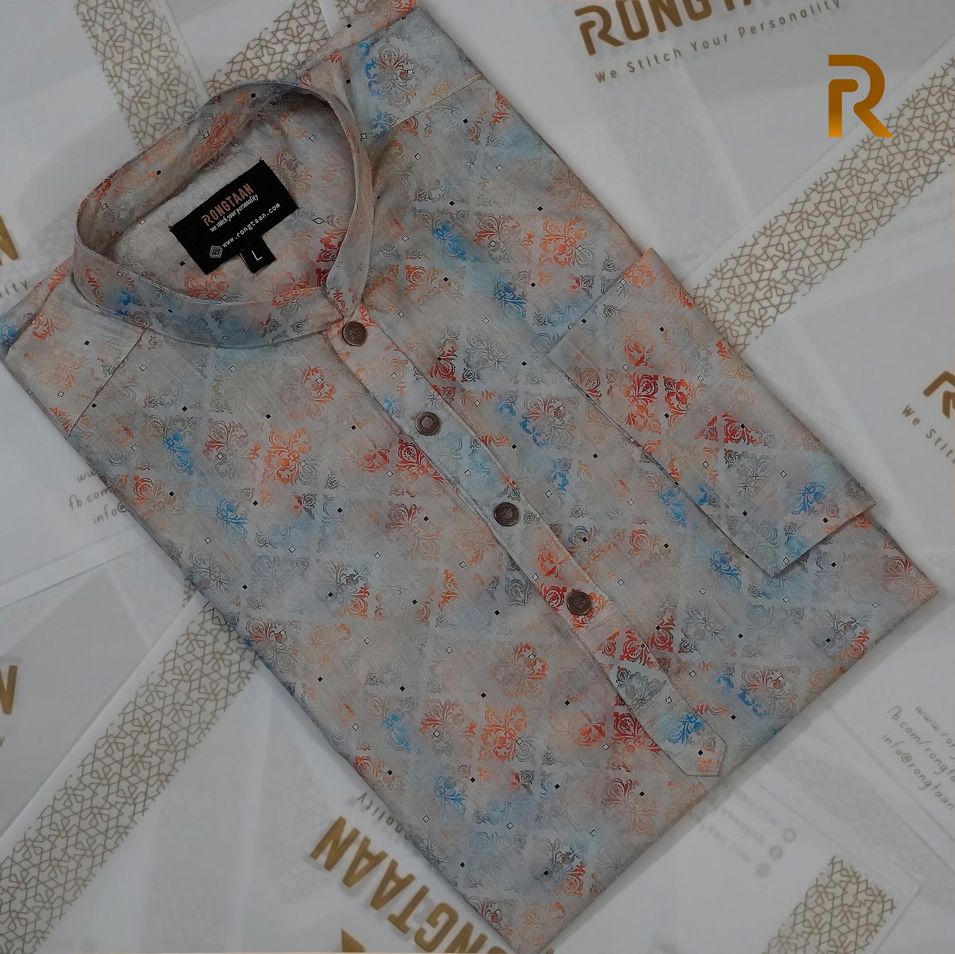 Multicolored Nokhshi Flower Digital Print Premium Cotton Panjabi for Men