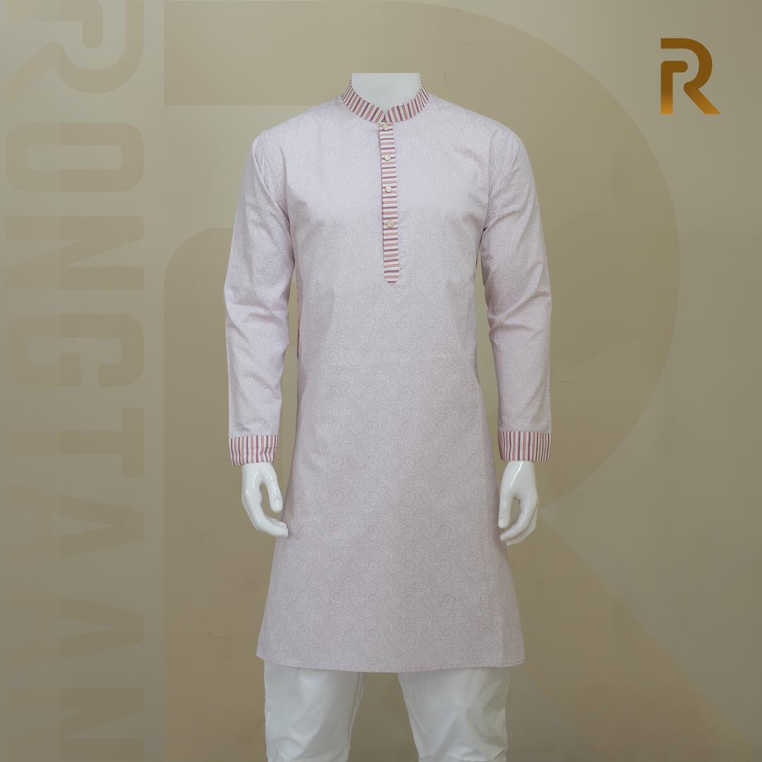 Classic Pink Print Design with Contrast Stripe Collar Premium Cotton Combo Panjabi with Designer Snap Buttons