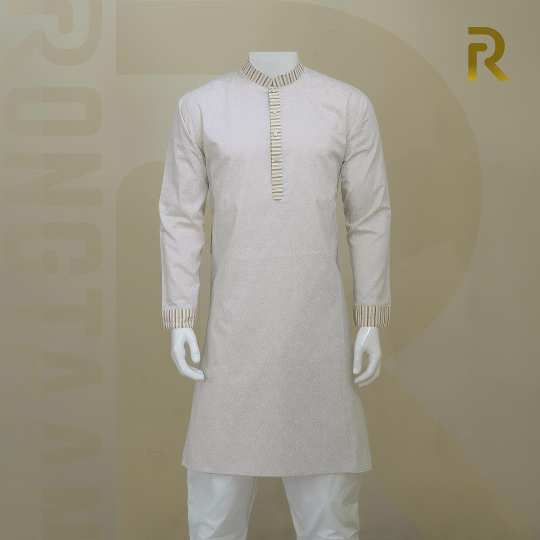 Classic Yellow Print Design with Contrast Stripe Collar Premium Cotton Combo Panjabi with Designer Snap Buttons