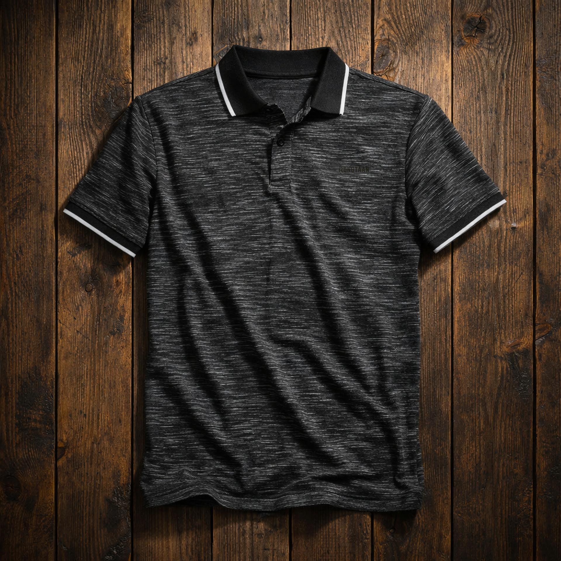 Black Inject Slub Jersey Screen print 90% Cotton-10% Polyester Inject Knit Polo-shirt for Men