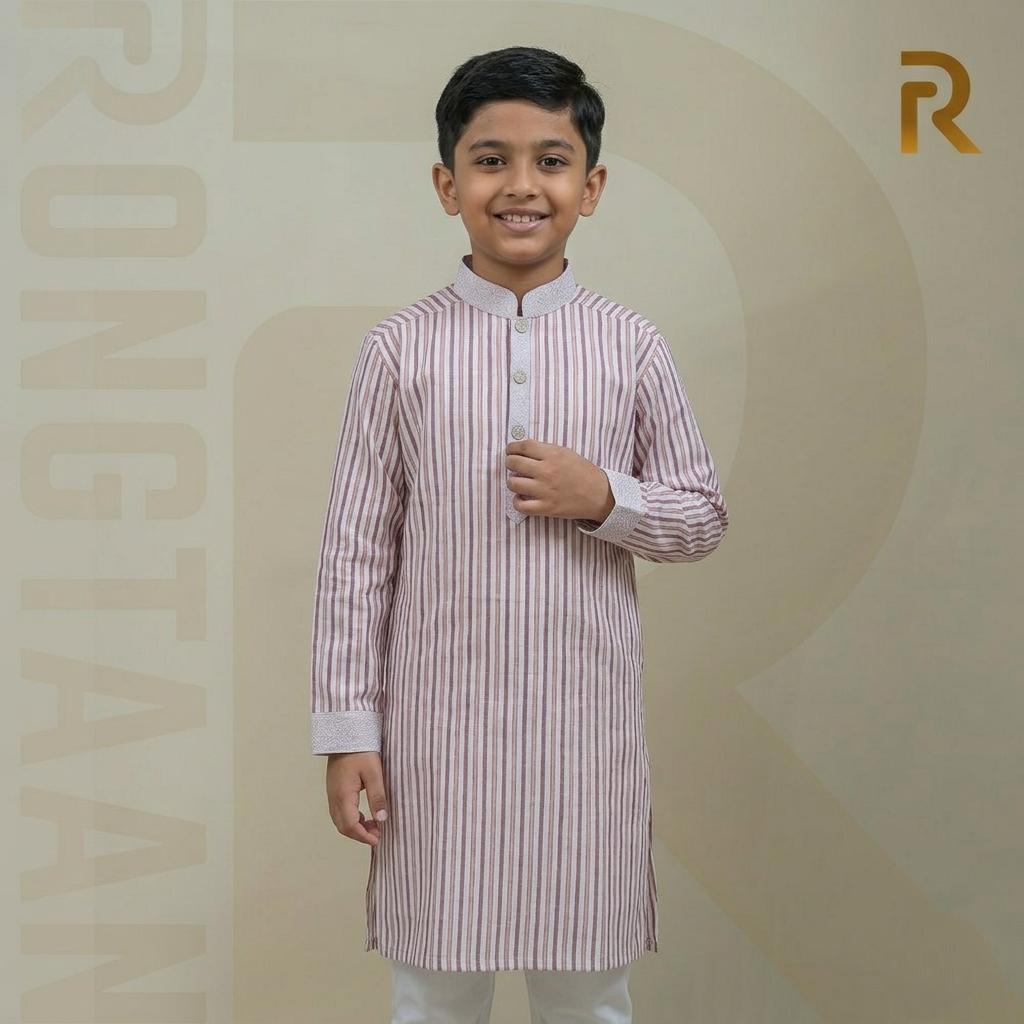 Classic Pink Stripe with Contrast Print Design Premium Cotton Combo Panjabi with Designer Snap Buttons