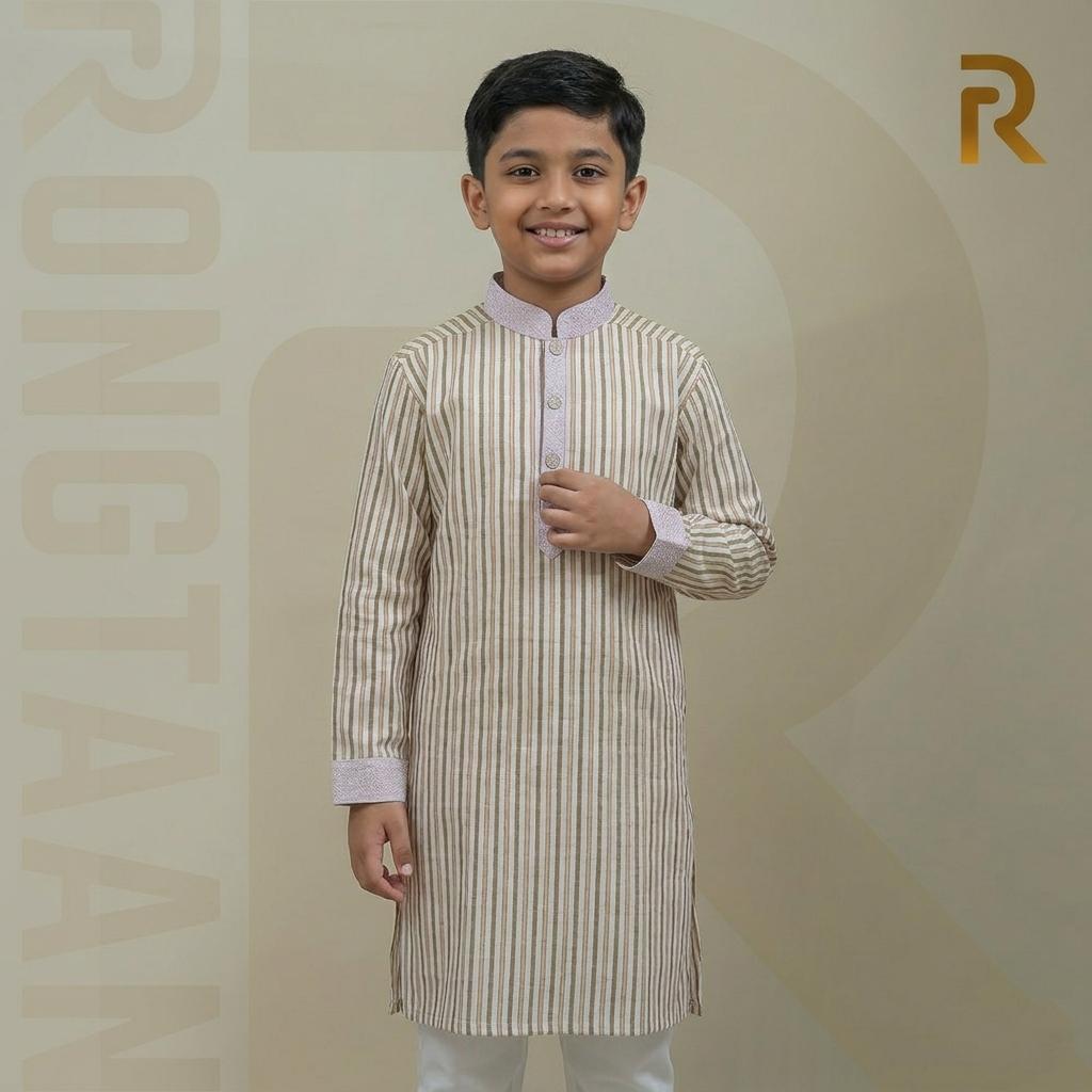 Classic Yellow Stripe with Contrast Print Design Premium Cotton Kid's Single Panjabi with Designer Snap Buttons