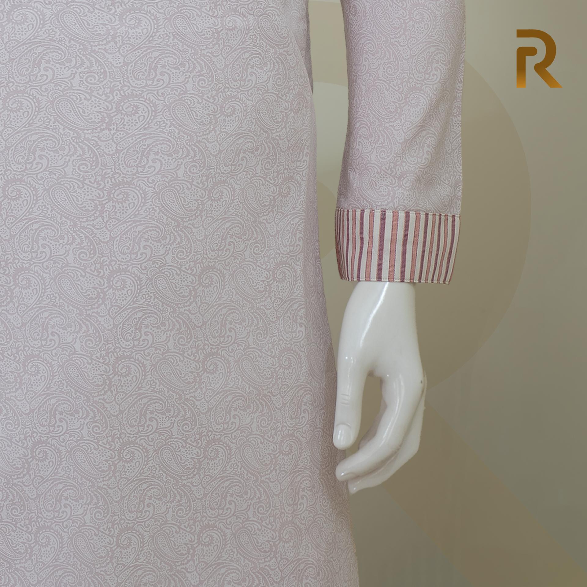 Classic Pink Print Design with Contrast Stripe Collar Premium Cotton Kid's Single Panjabi with Designer Snap Buttons