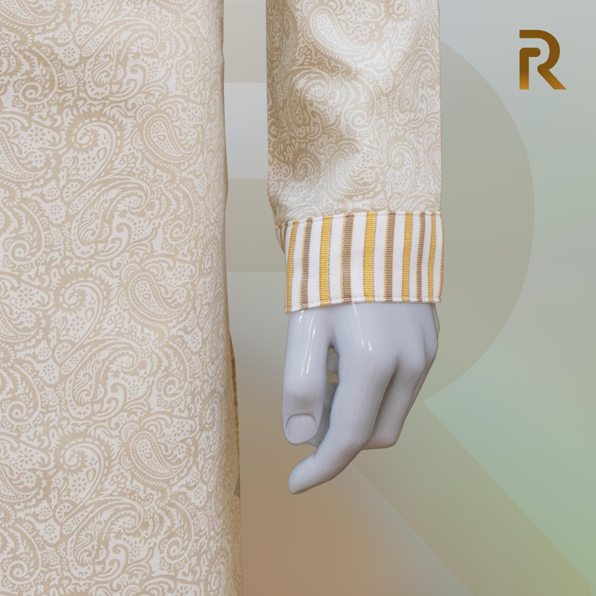 Classic Yellow Print Design with Contrast Stripe Collar Premium Cotton Kid's Single Panjabi with Designer Snap Buttons