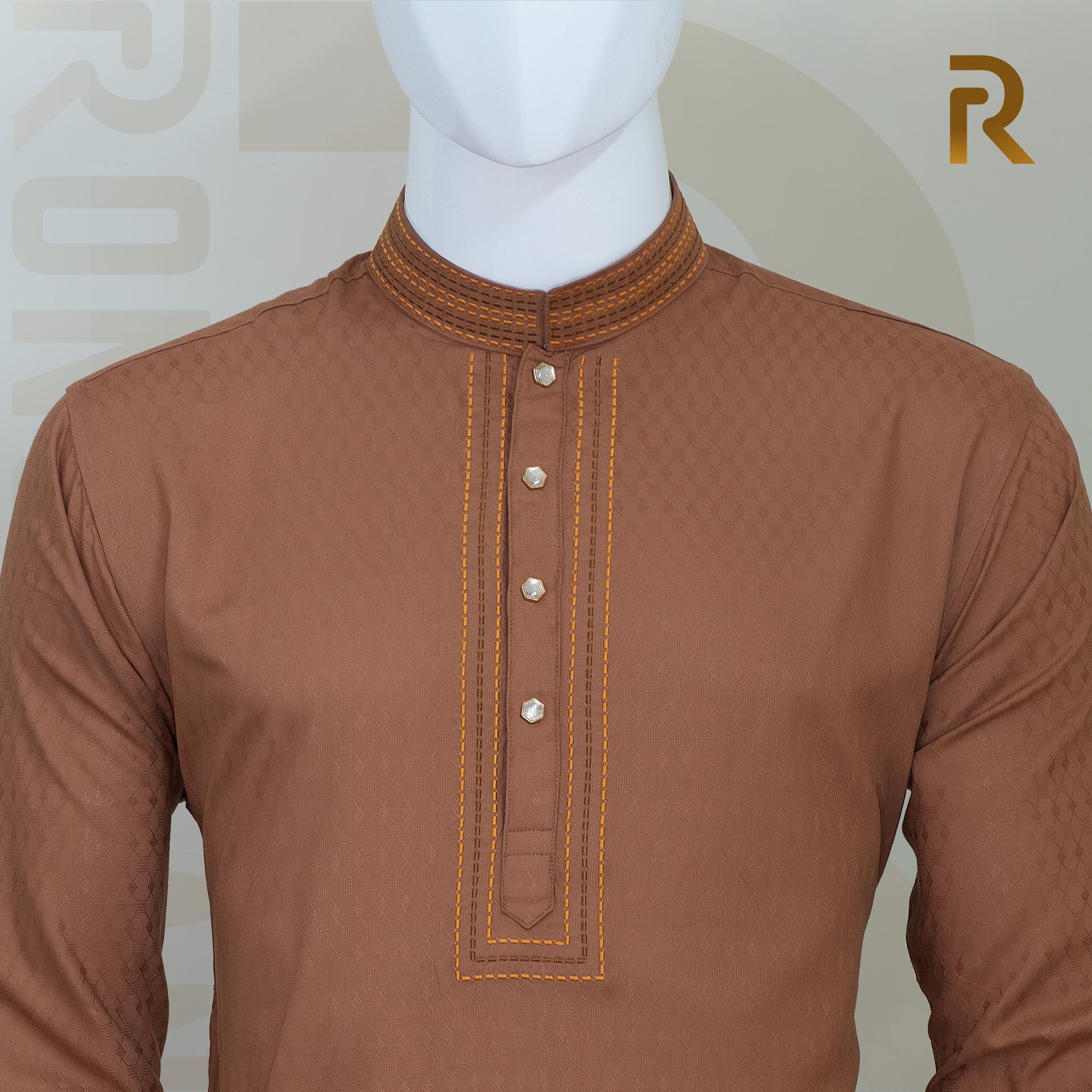 Premium Cinnamon Brown Jacquard Cotton Panjabi with Elegant Embroidery & Snap Button