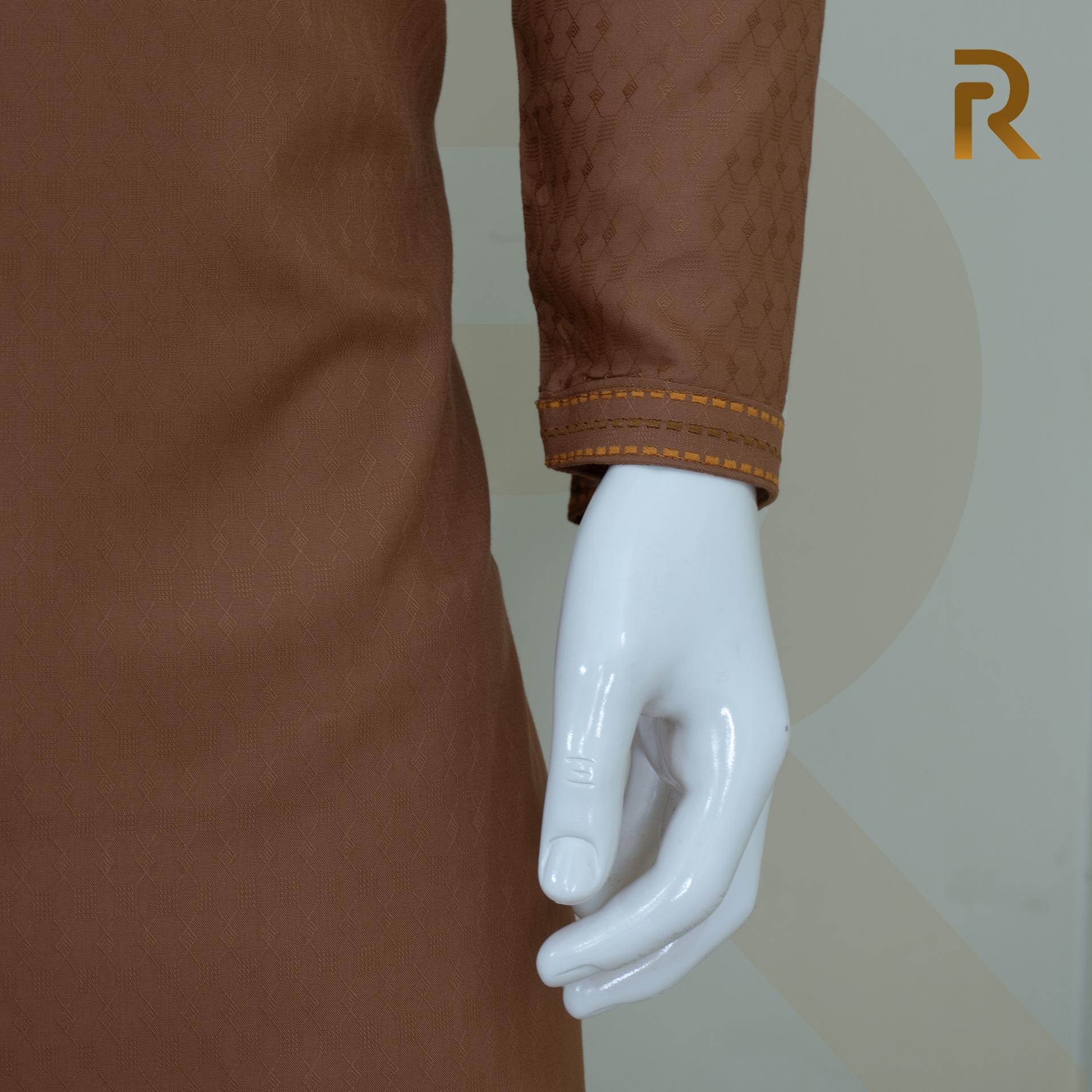 Premium Cinnamon Brown Jacquard Cotton Panjabi with Elegant Embroidery & Snap Button