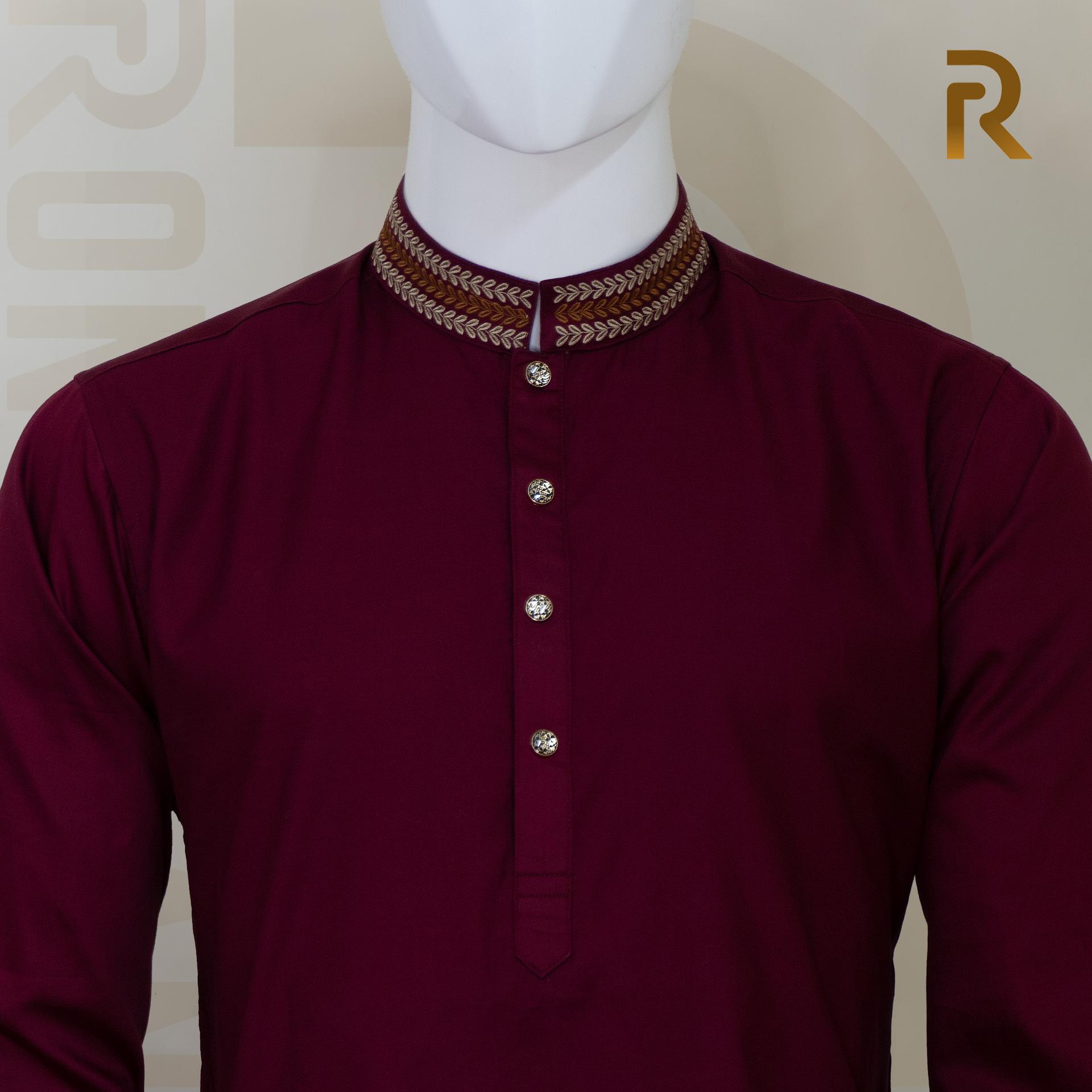 Premium Maroon Embroidered Cotton Panjabi with Designer Collar & Metal Snap Button