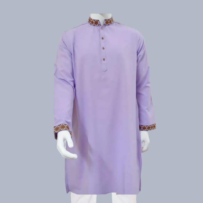 Levender Glossy and Embroidered Cotton-Viscose Slim Fit Panjabi for Men
