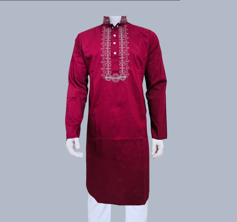 Merun Glossy Embroidered Cotton Slim Fit Panjabi for Men