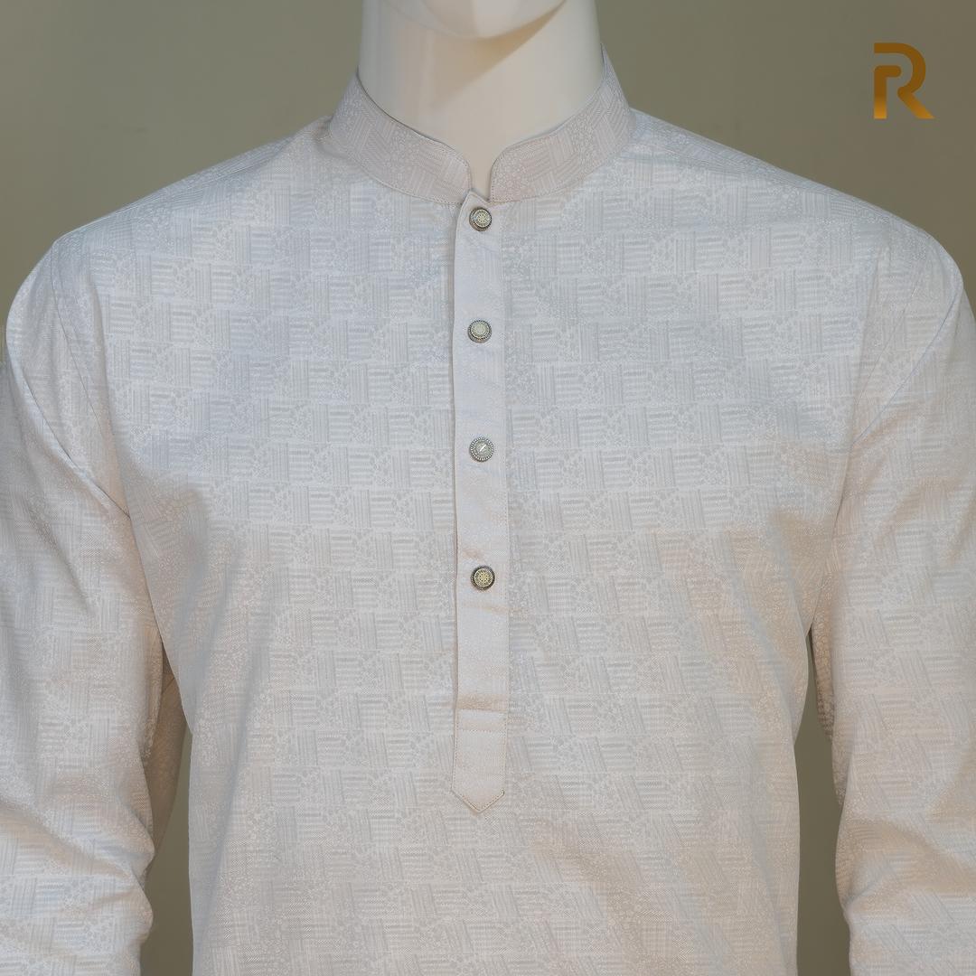 Soft White Print Premium Cotton Combo Panjabi with Designer Snap Buttons
