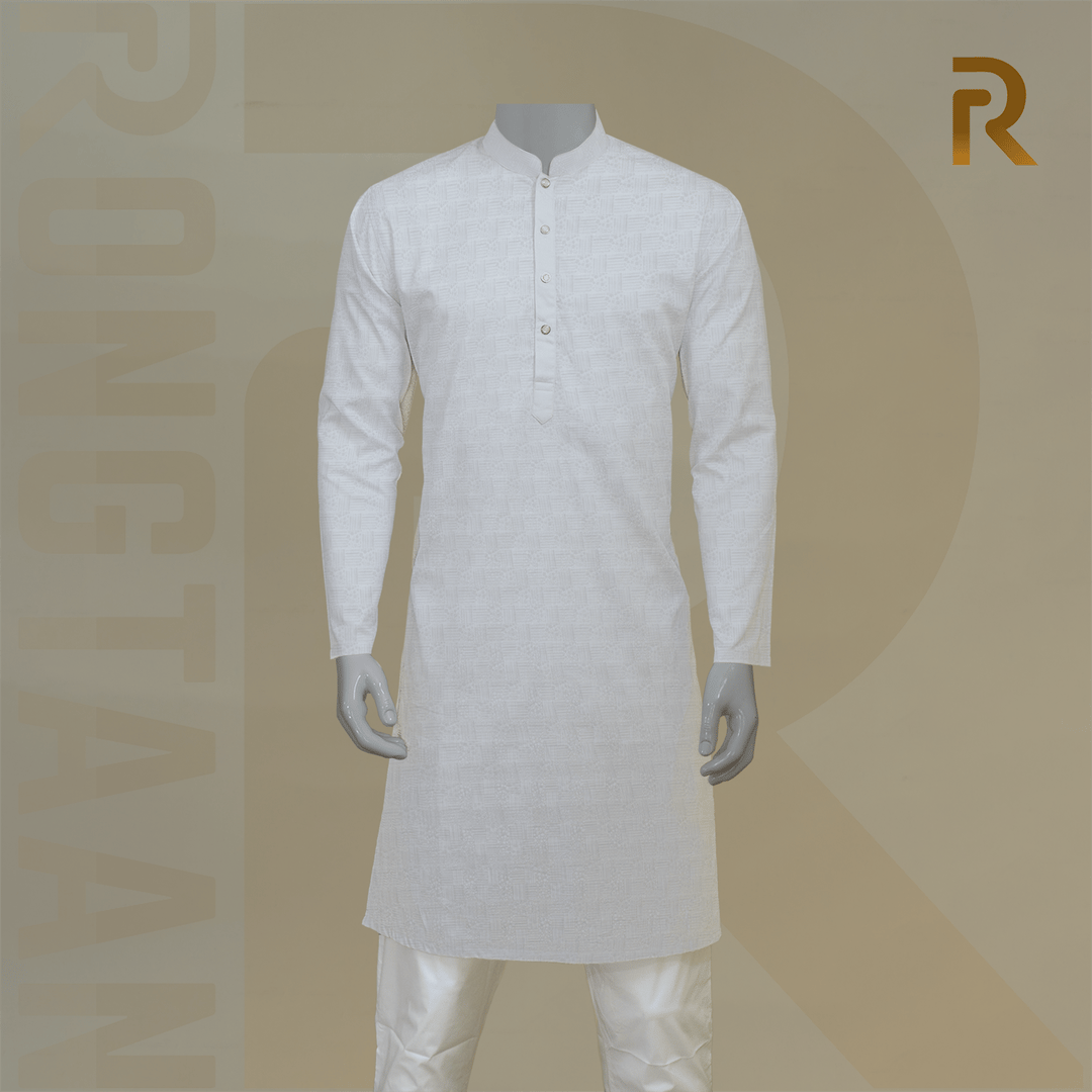 Soft White Print Premium Cotton Men's Panjabi with Designer Snap Buttons