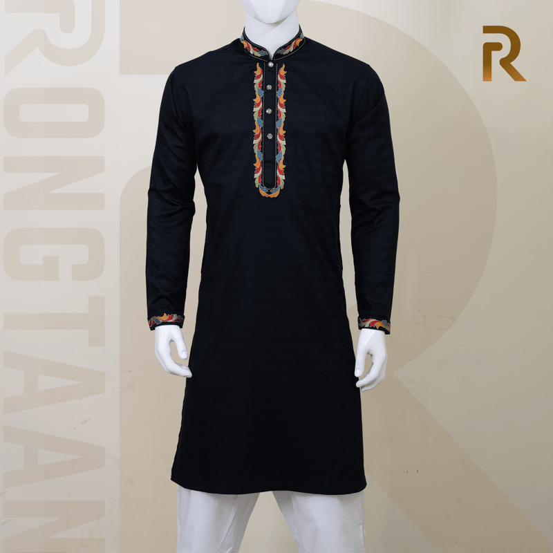 Black Cotton Embroidery Jacquard Panjabi  