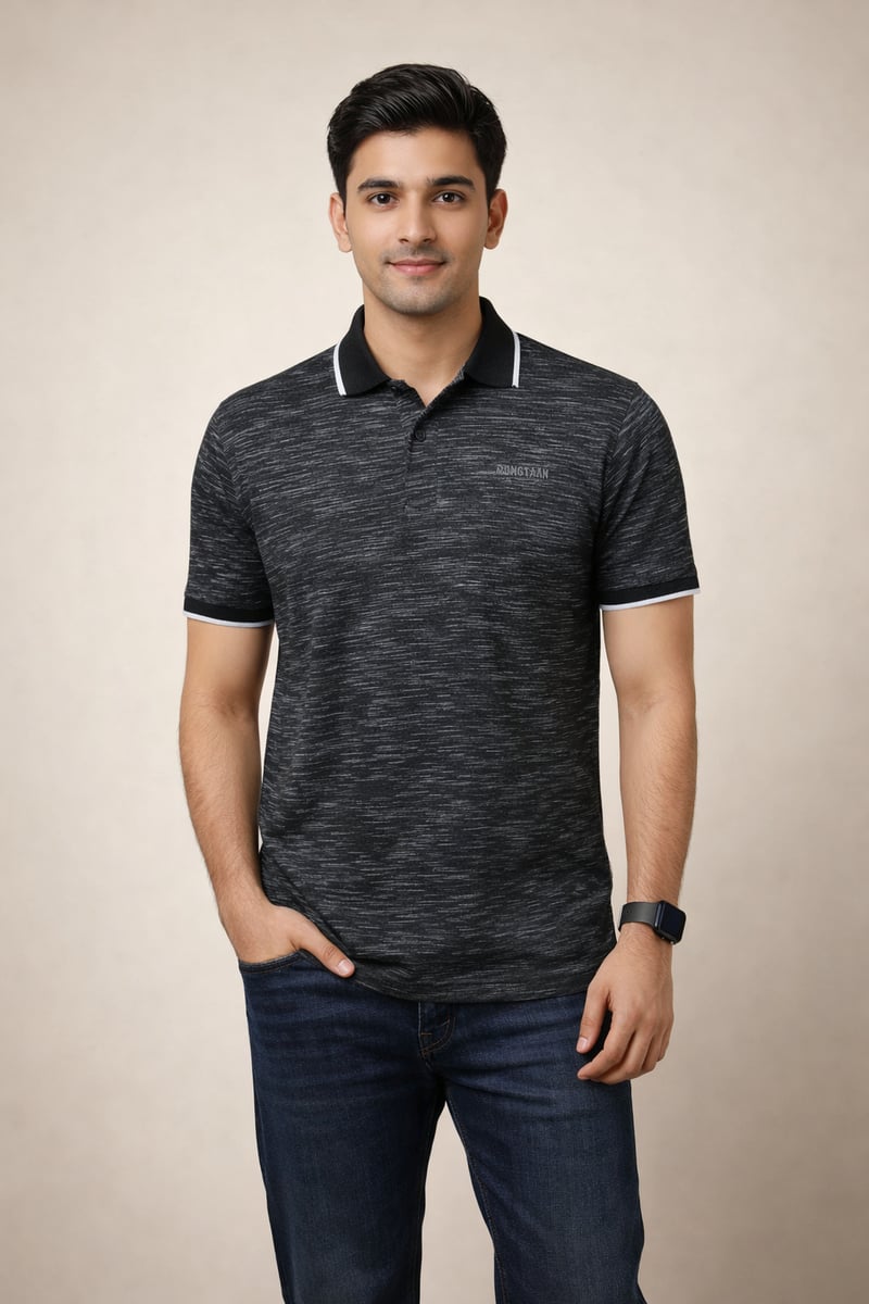 Black Inject Slub Jersey Screen print 90% Cotton-10% Polyester Inject Knit Polo-shirt for Men