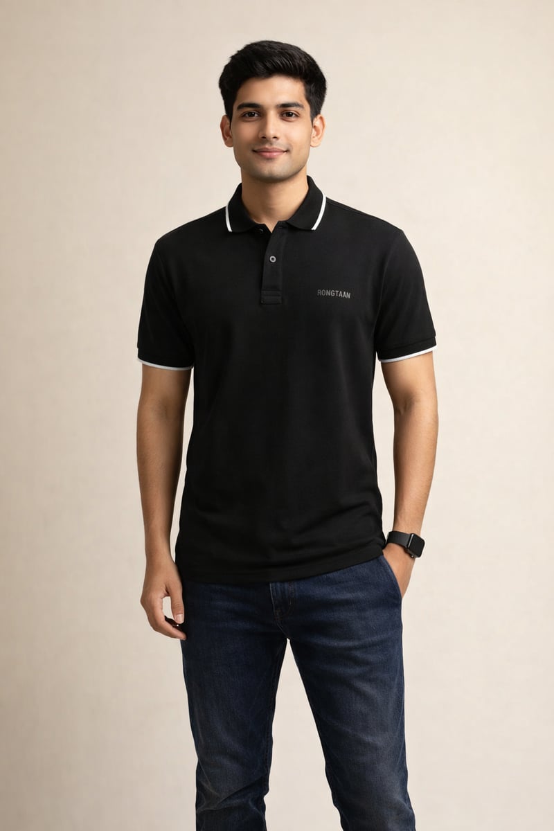 Black Double pique Screen print 100% Cotton Men’s Knit Polo-shirt