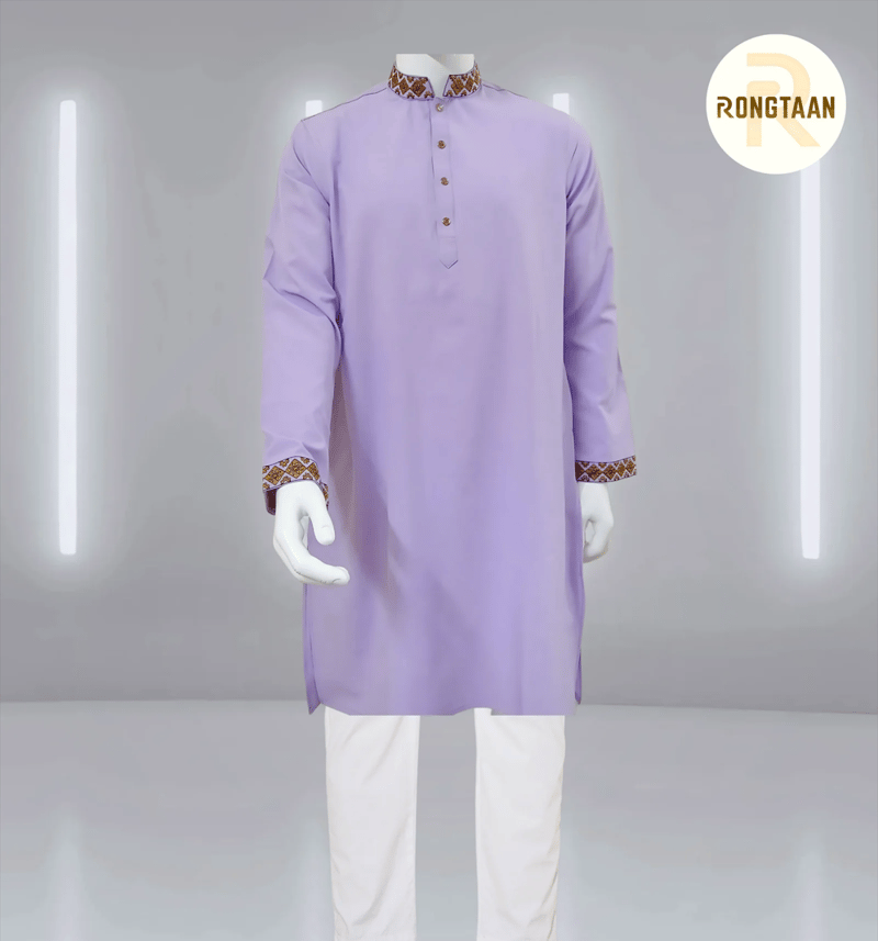 Levender Glossy and Embroidered Cotton-Viscose Slim Fit Panjabi for Men