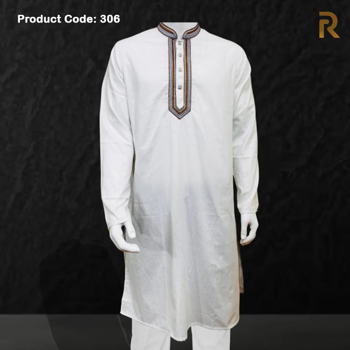 White Glossy Embroidered Cotton Panjabi for Men