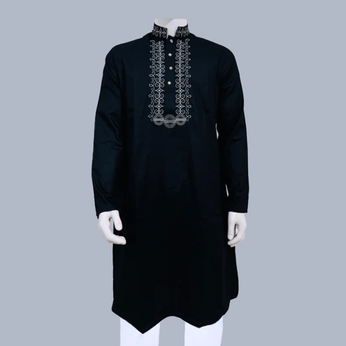 Black Glossy Embroidered Cotton Slim Fit Panjabi for Men 