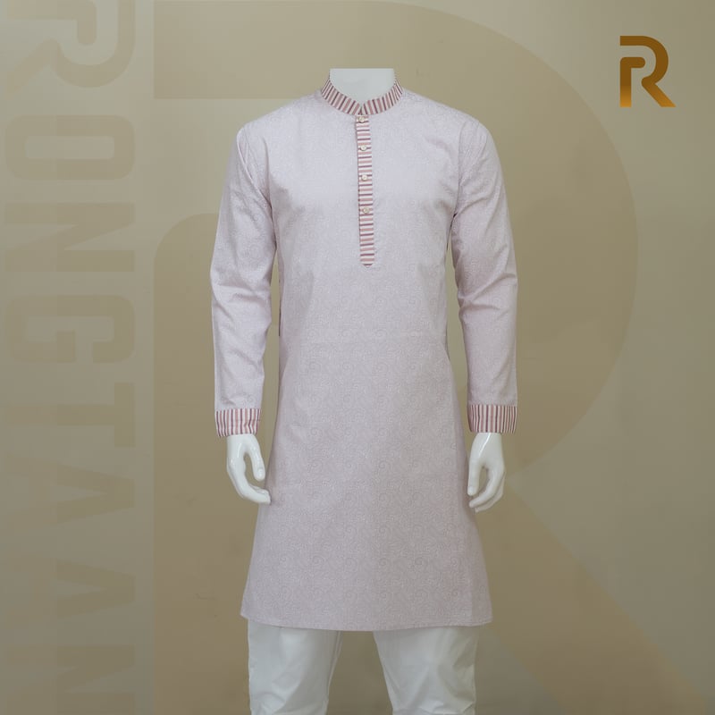 Classic Pink Print Design with Contrast Stripe Collar Premium Cotton Combo Panjabi with Designer Snap Buttons