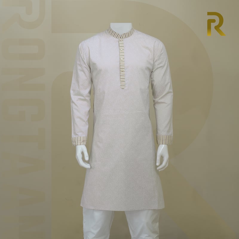 Classic Yellow Print Design with Contrast Stripe Collar Premium Cotton Combo Panjabi with Designer Snap Buttons