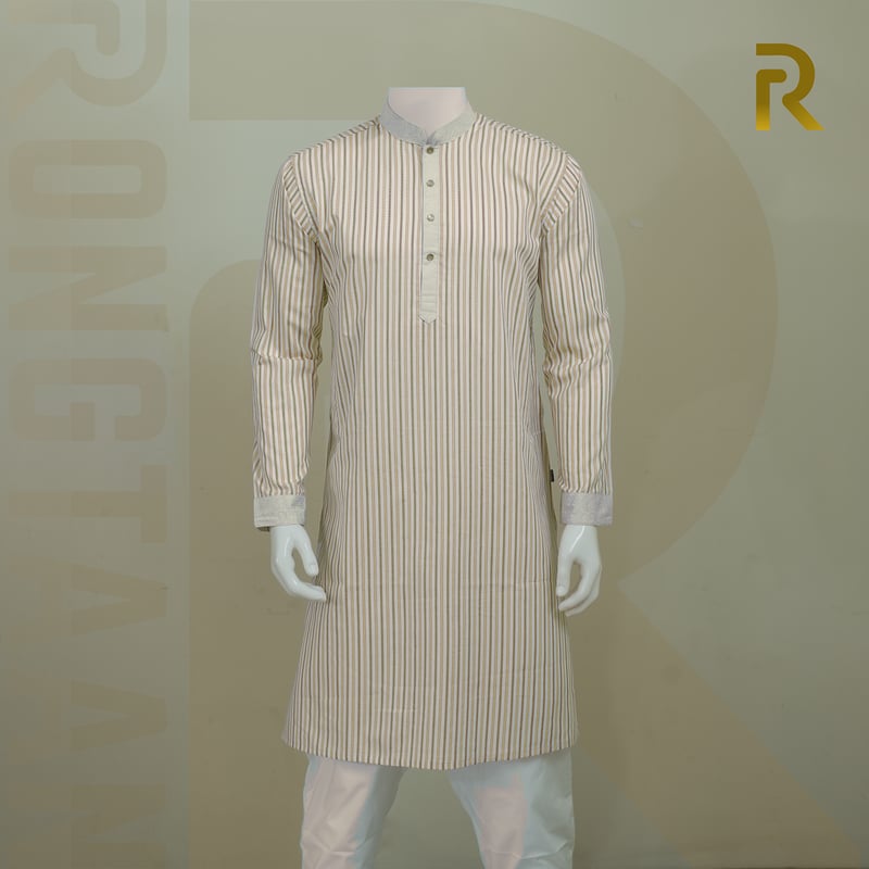 Classic Yellow Stripe with Contrast Print Design Premium Cotton Combo Panjabi with Designer Snap Buttons
