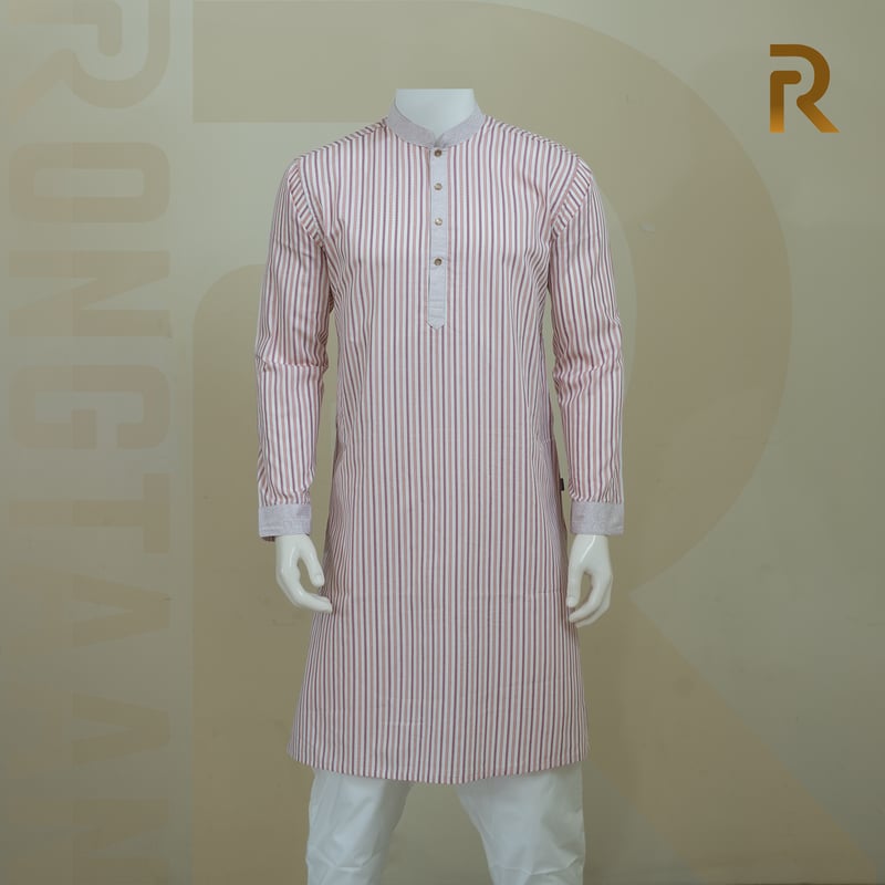 Classic Pink Stripe with Contrast Print Design Premium Cotton Men's Panjabi with Designer Snap Buttons