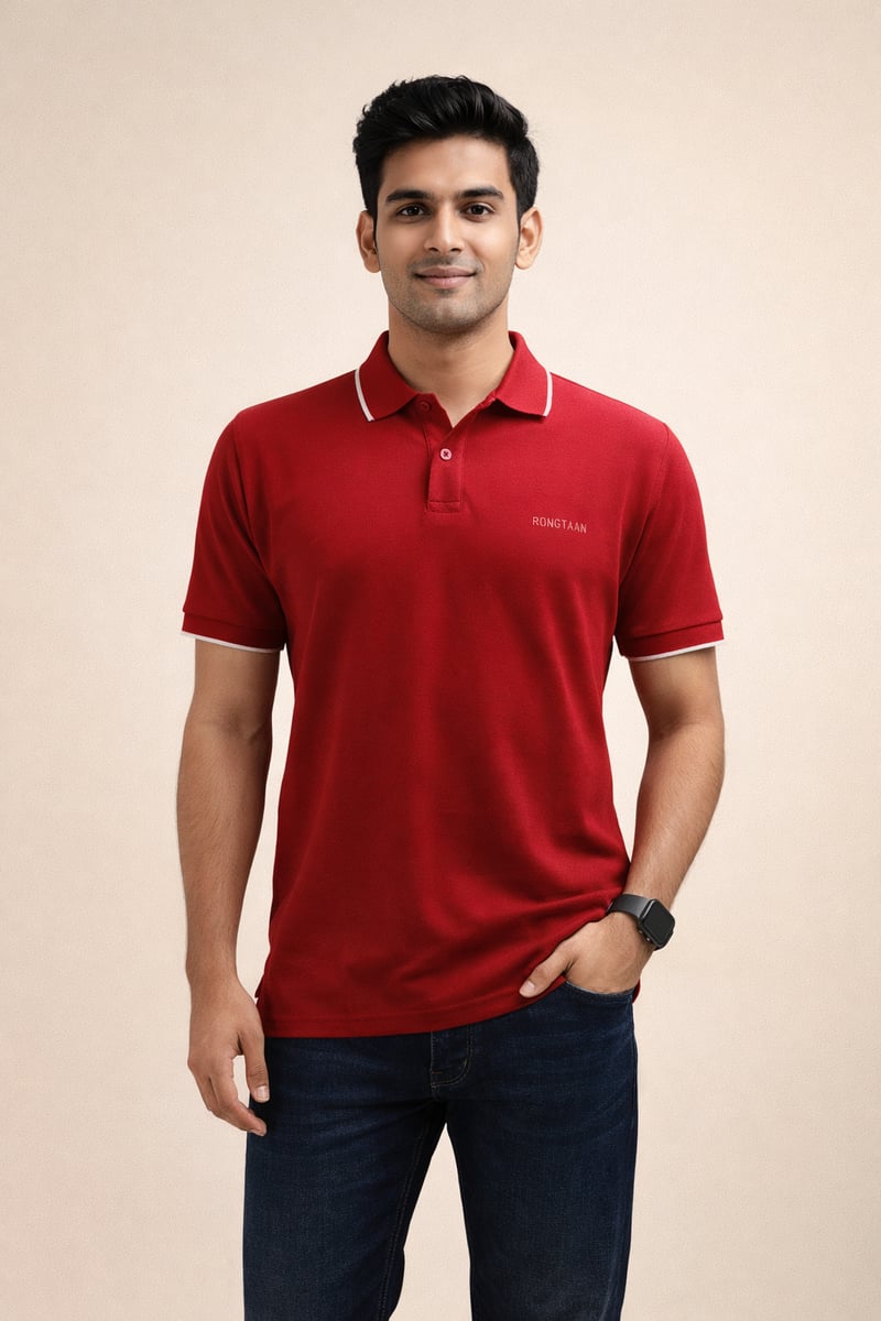 Crimson Red Double pique Screen print 100% Cotton Men’s Knit Polo-shirt
