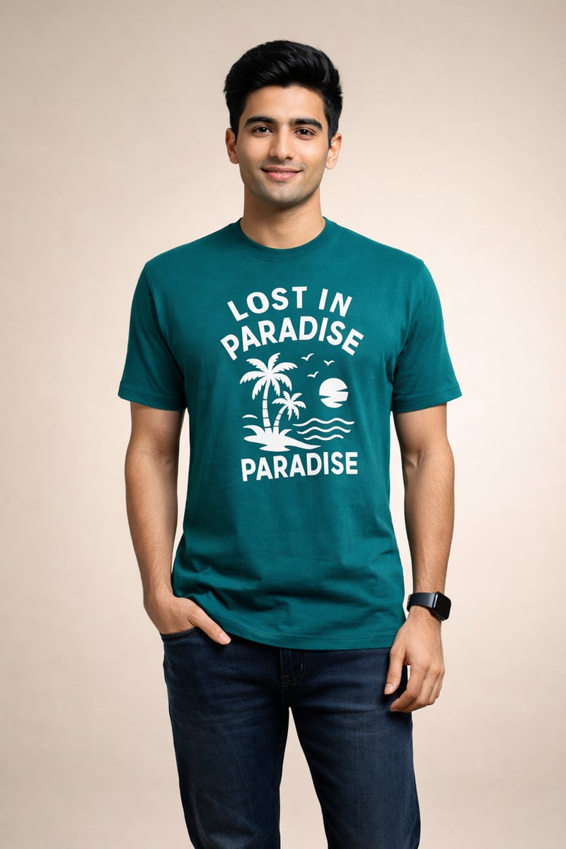 Turquoise Slub Jersey & Solid stripe Screen print 100% Cotton Men’s Knit T-shirt