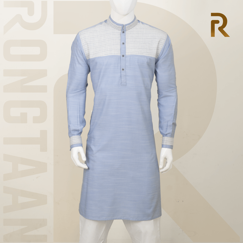 Sky Blue With Off White Dotted Slub Blended Cotton Panjabi