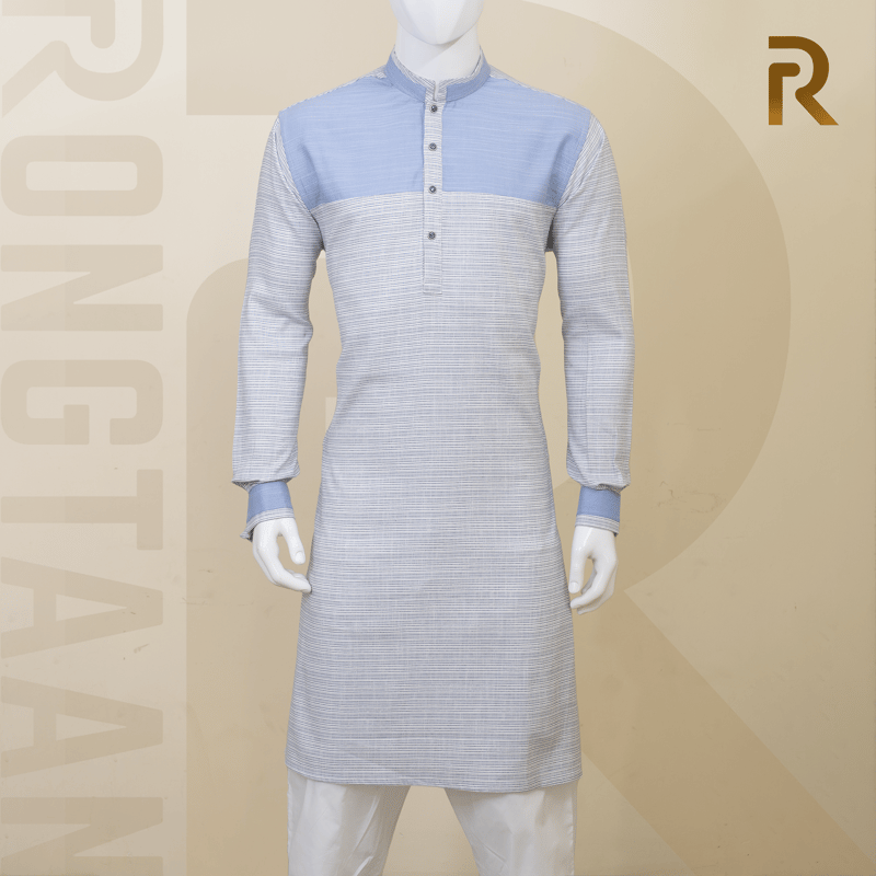 Off White Dotted With Sky Blue Slub Blended Cotton Premium Panjabi