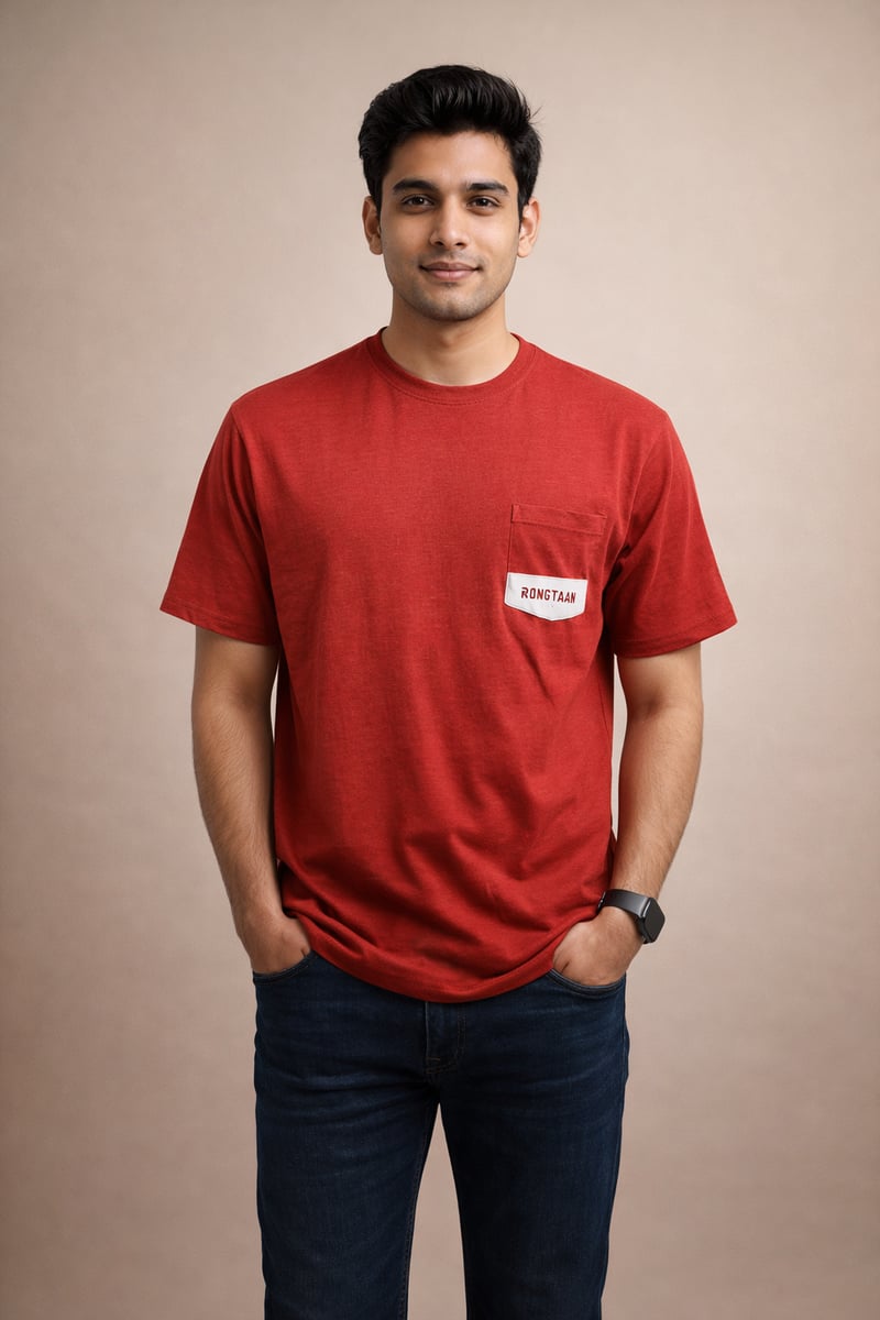 Red melange screen print men’s knit t-shirt (cvc 60%-40%)