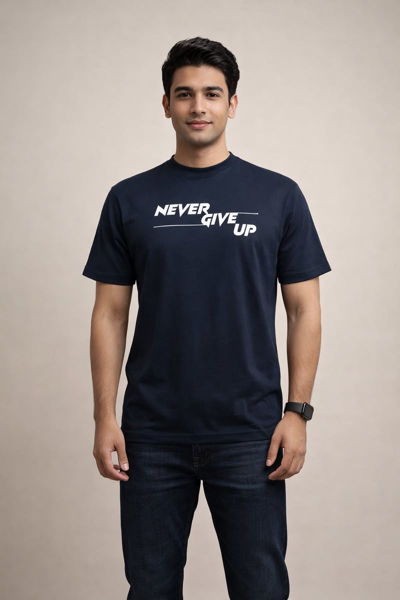 Navy-“Never Give Up”- Screen print 100% Cotton Men’s Knit T-shirt
