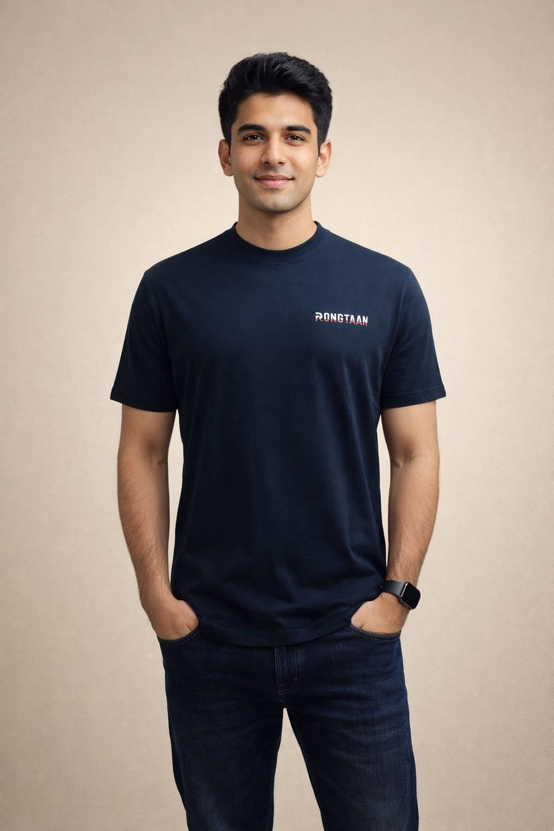 Vintage Navy-“Rongtaan”-Screen print 100% Cotton Men’s Knit t-shirt