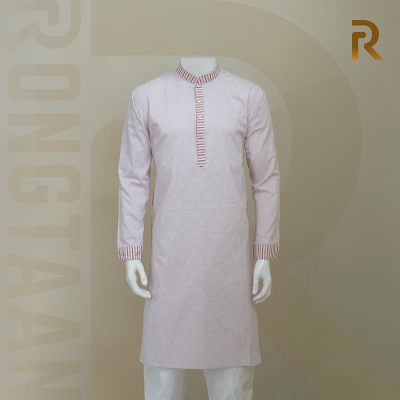 Classic Pink Print Design with Contrast Stripe Collar Premium Cotton Kid's Single Panjabi with Designer Snap Buttons