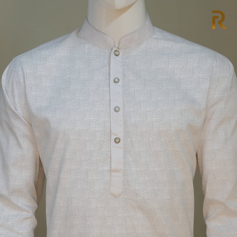 Soft White Print Premium Cotton Combo Panjabi with Designer Snap Buttons