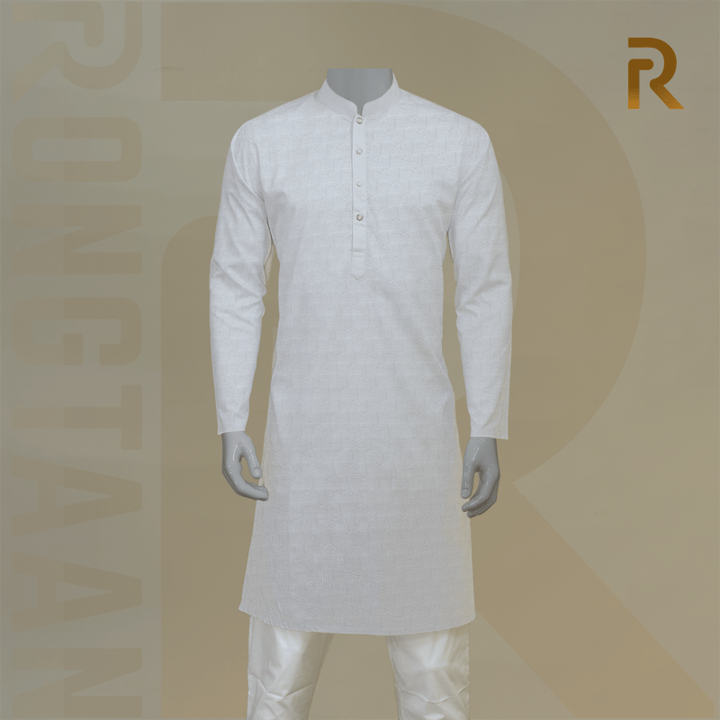 Soft White Print Premium Cotton Men's Panjabi with Designer Snap Buttons