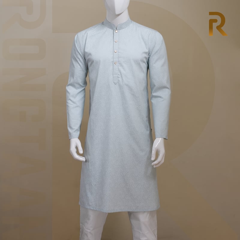 Light Blue Print Design Premium Cotton Men's Panjabi with Designer Snap Buttons